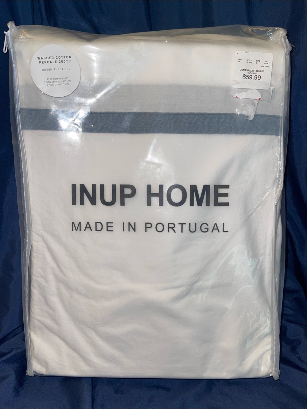 INUP HOME White Cotton Percale Sheet Set with Blue-Grey Trim